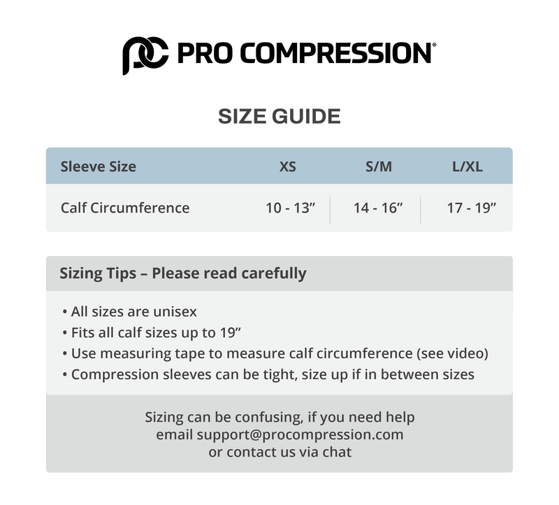 Load image into Gallery viewer, Pro Compression calf sleeve size chart: XS, S/M, L/XL by calf circumference