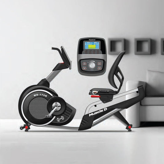 Muscle D Fitness - Light Commercial Recumbent Bike - LED Display - Heart Rate Monitor - Adjustable Seat - On Wheels for Easy Movement