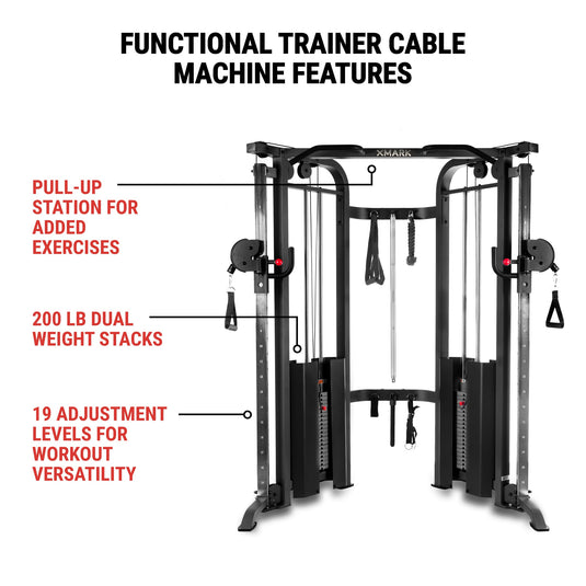 XMARK - Functional Trainer Cable Machine with 200 lb Weight Stacks and Adjustable Weight Bench