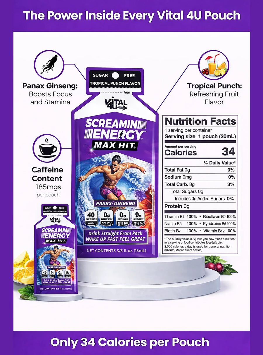 Vital 4U - Screamin Energy Max Hit Tropical Punch Sugar Free nutrition facts label