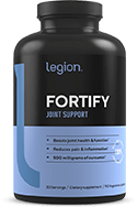 Legion Athletics Fortify Joint Support bottle - 10mg UC-II undenatured type II collagen, 500mg Meriva curcumin, 125mg AprèsFlex Boswellia serrata, 300mg grape seed extract, and 500mg agmatine sulfate per serving