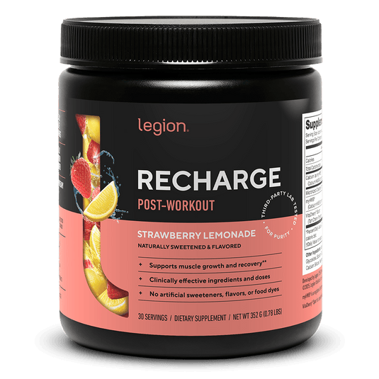 Legion Athletics Recharge Post-Workout with 5g creatine monohydrate, 2.1g L-carnitine L-tartrate, and 10.5g cyclic dextrin