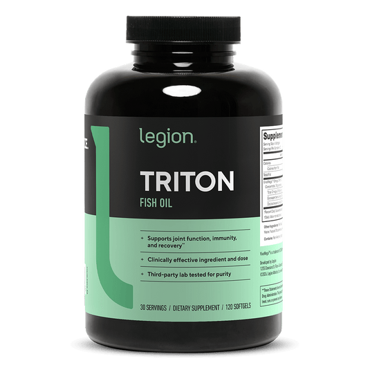 Legion Athletics Triton fish oil bottle - VivoMega 100% reesterified triglyceride oil providing 2,400 mg EPA and DHA per serving