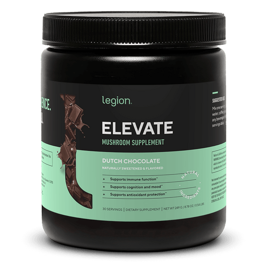 Legion Athletics Elevate mushroom supplement with Lion's Mane, Cordyceps, Reishi, Chaga, Turkey Tail, and Maitake