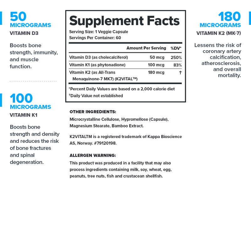 Load image into Gallery viewer, Legion Athletics Vitamin D+K supplement facts panel - 2,000 IU Vitamin D3, 100mcg Vitamin K1, and 180mcg Vitamin K2 (MK-7) per serving
