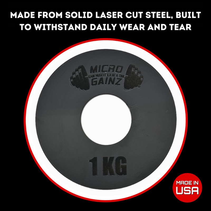 Load image into Gallery viewer, Micro Gainz Olympic Size Kilogram Fractional Weight Plates Set of 6 Steel Plates (2-.25KG, 2-.50KG, 2-1KG)
