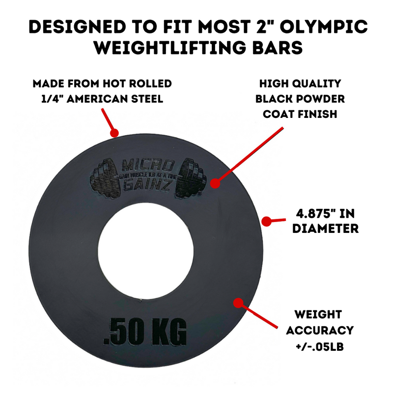 Load image into Gallery viewer, Micro Gainz Olympic Size Kilogram Fractional Weight Plates Set of 6 Steel Plates (2-.25KG, 2-.50KG, 2-1KG)
