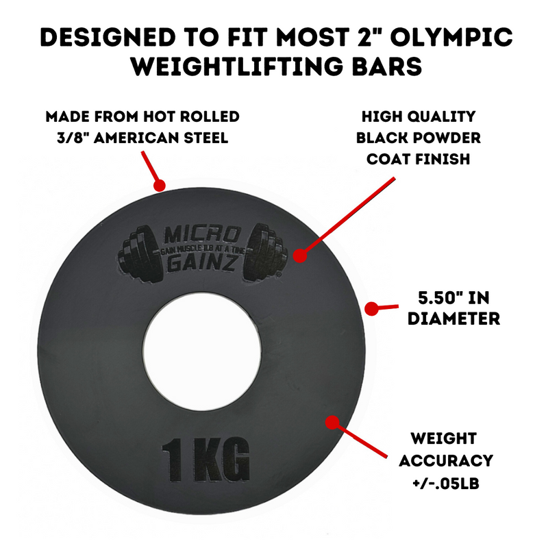 Load image into Gallery viewer, Micro Gainz Olympic Size Kilogram Fractional Weight Plates Set of 6 Steel Plates (2-.25KG, 2-.50KG, 2-1KG)
