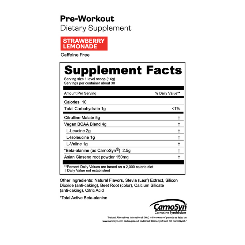 Load image into Gallery viewer, Gnarly Pre-Workout Strawberry Lemonade Caffeine-Free - Nutrition Facts Panel
