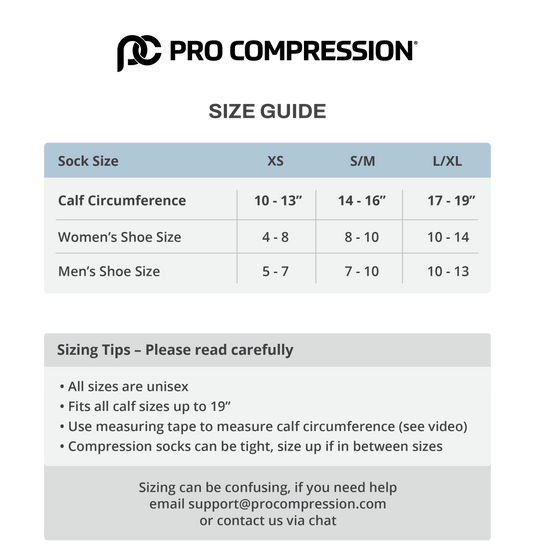 Pro Compression Marathon knee-high compression sock size chart: XS, S/M, L/XL by calf circumference and shoe size