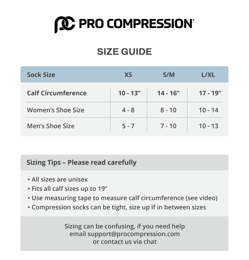 Load image into Gallery viewer, Pro Compression Marathon knee-high compression sock size chart: XS, S/M, L/XL by calf circumference and shoe size