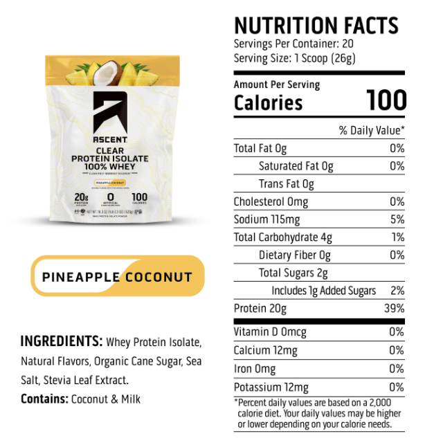 Load image into Gallery viewer, Ascent Clear Whey Isolate - Pineapple Coconut nutrition facts panel

