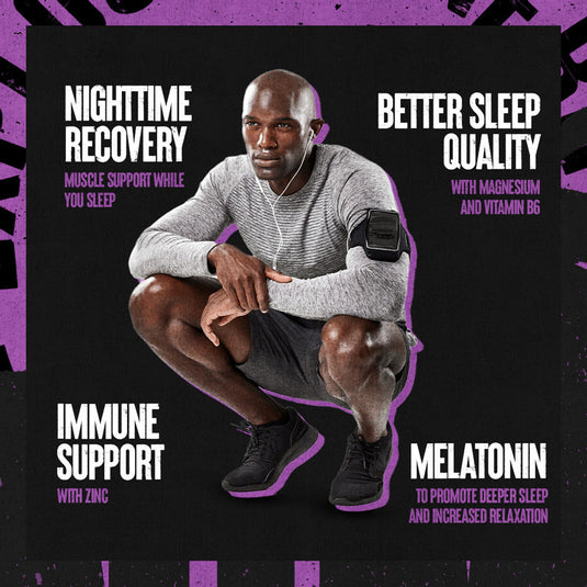 male runner squatting with callouts of Animal PM ingredients and benefits