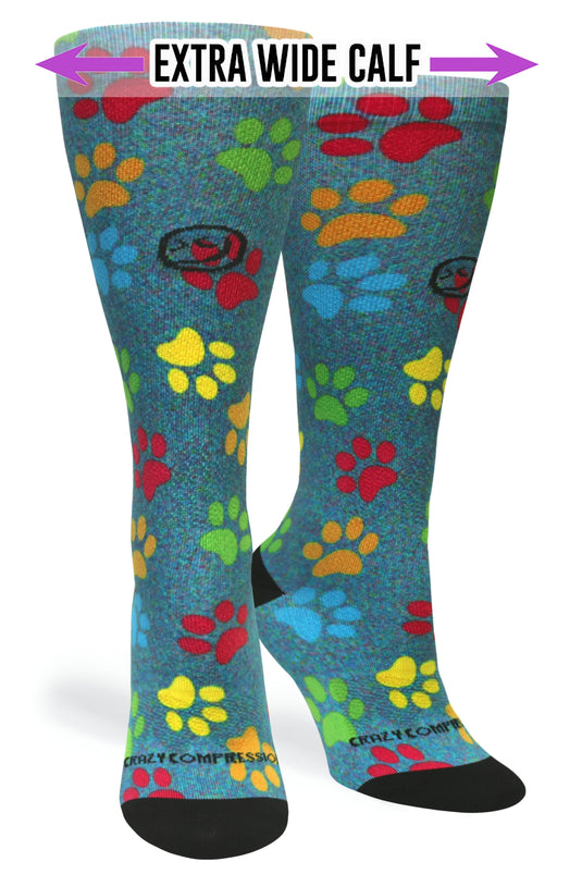 Crazy Compression - Paw Prints Station Blue - (Standard & Extra Wide)