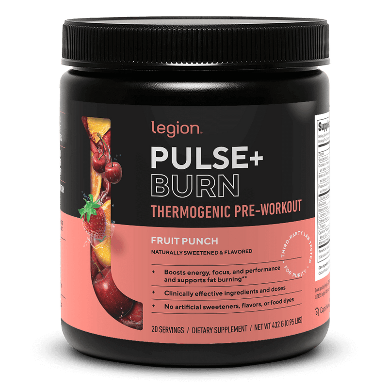 Load image into Gallery viewer, Legion Athletics Pulse+ Burn Thermogenic Pre-Workout - 350mg caffeine, 2g L-carnitine L-tartrate, 100mg Capsimax, 8g citrulline malate, 3.6g beta-alanine, 2.5g betaine, and 350mg L-theanine per serving
