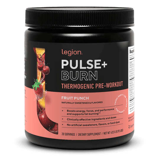 Legion Athletics Pulse+ Burn Thermogenic Pre-Workout - 350mg caffeine, 2g L-carnitine L-tartrate, 100mg Capsimax, 8g citrulline malate, 3.6g beta-alanine, 2.5g betaine, and 350mg L-theanine per serving