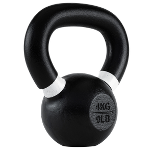 Black kettlebell with weight marking on a white background