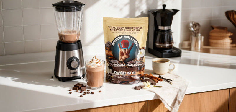 Load image into Gallery viewer, Rockin' Wellness - Mocha Cacao Nutritional Shake Mix - Rockin Wellness Daily Superfood &amp; Coffee Blend
