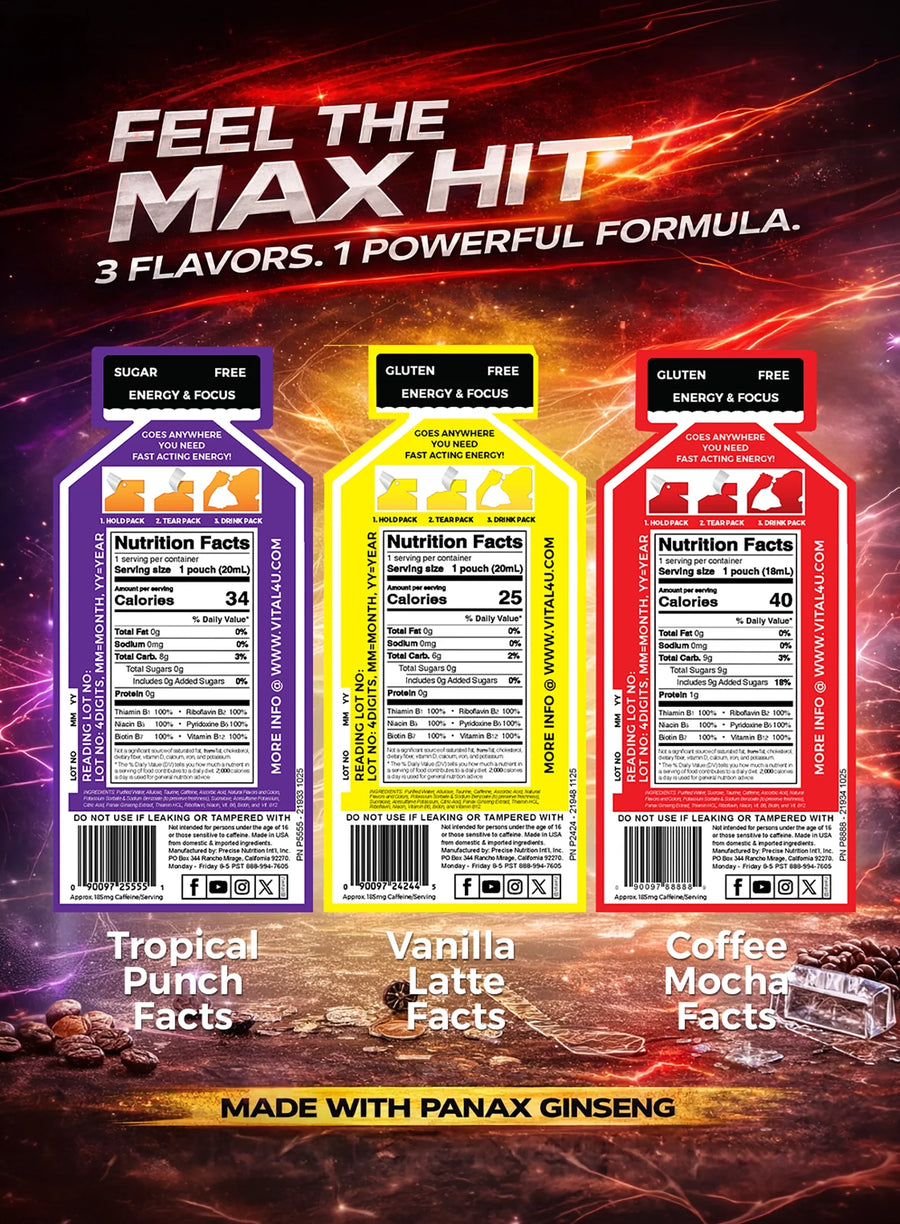 Vital 4U - Screamin Energy Max Hit Sample Pack - 6 Pouches nutrition facts label