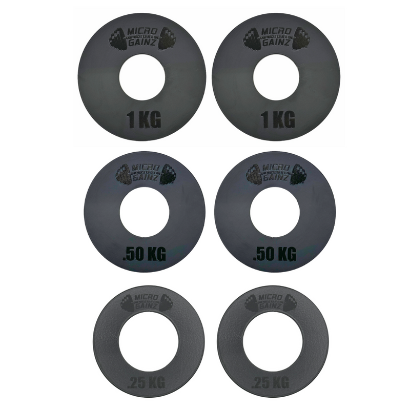 Load image into Gallery viewer, Micro Gainz Olympic Size Kilogram Fractional Weight Plates Set of 6 Steel Plates (2-.25KG, 2-.50KG, 2-1KG)
