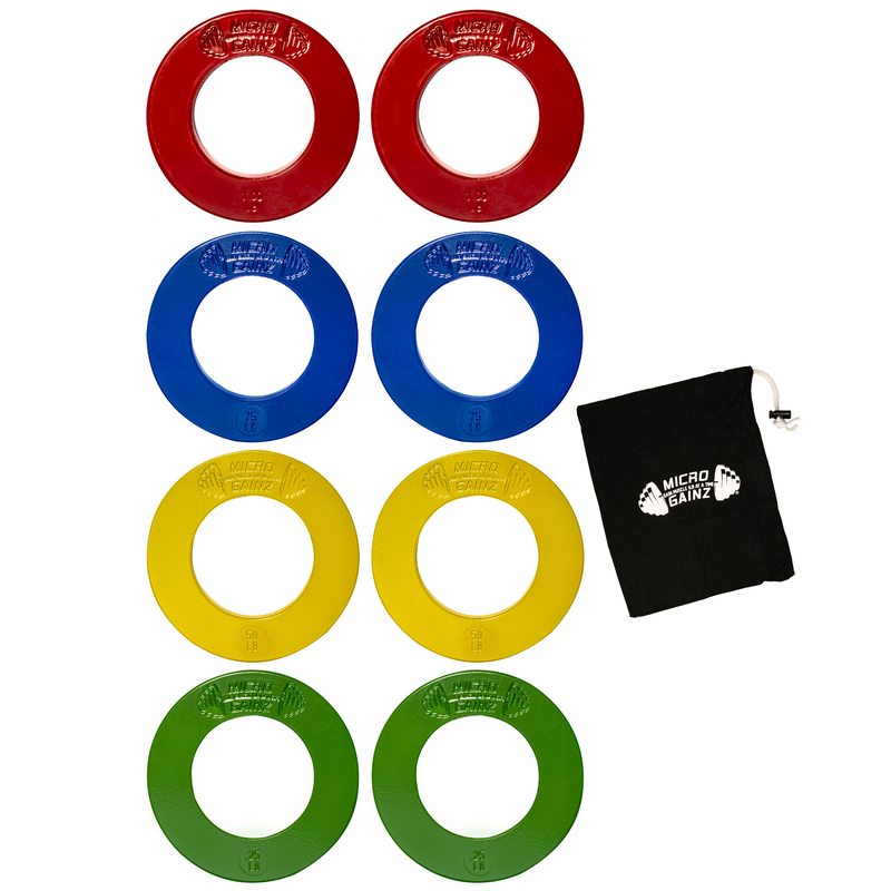Load image into Gallery viewer, Micro Gainz Olympic Size Fractional Weight Plates Set of 8 Plates .25LB-1LB  w/ Bag
