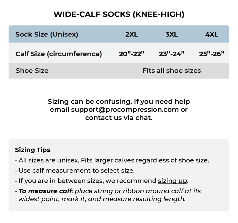 Load image into Gallery viewer, Pro Compression wide-calf Marathon knee-high compression sock size chart: 2XL, 3XL, 4XL by calf circumference