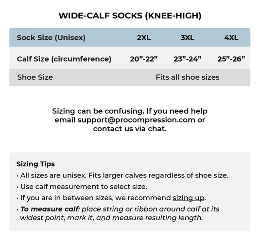 Pro Compression wide-calf Marathon knee-high compression sock size chart: 2XL, 3XL, 4XL by calf circumference