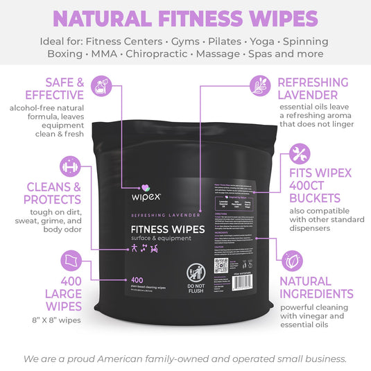 Wipex Co. - 400ct Natural Gym Wipes for Fitness Equipment | Portable Dispensing Bucket or Refill | Plant-Based
