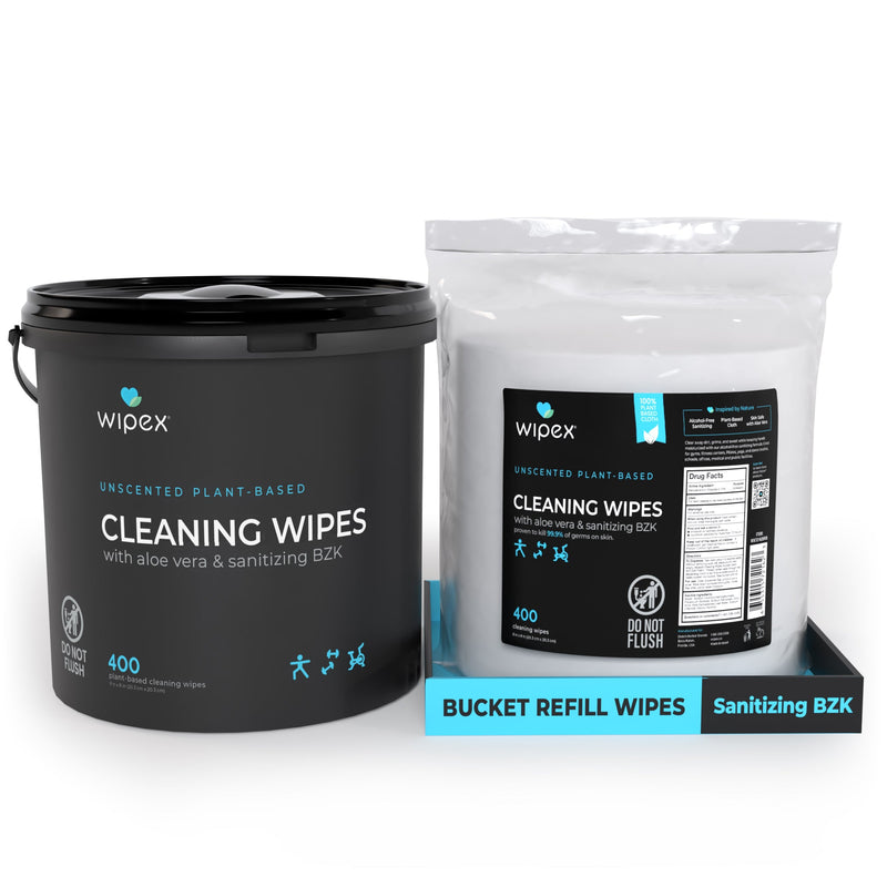 Load image into Gallery viewer, Wipex Co. - Antibacterial Bulk Gym Wipes Portable Dispensing Bucket 400ct | Skin-Safe 98.9% Natural Formula | Plant-Based Materials
