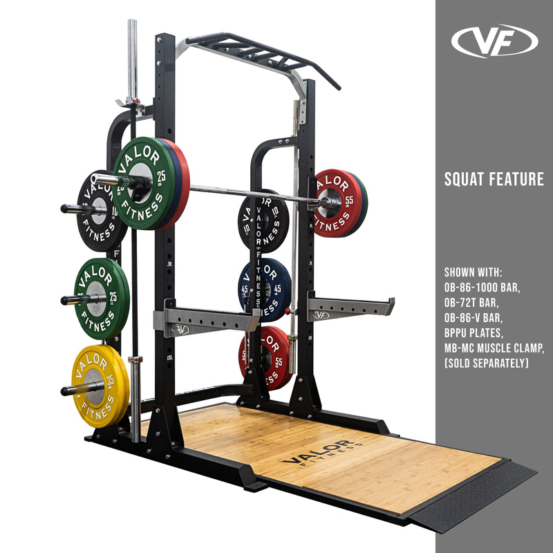 Load image into Gallery viewer, Valor Fitness - 3x3 Half Rack w/ Platform, Multi Grip Bar, and Plate Storage
