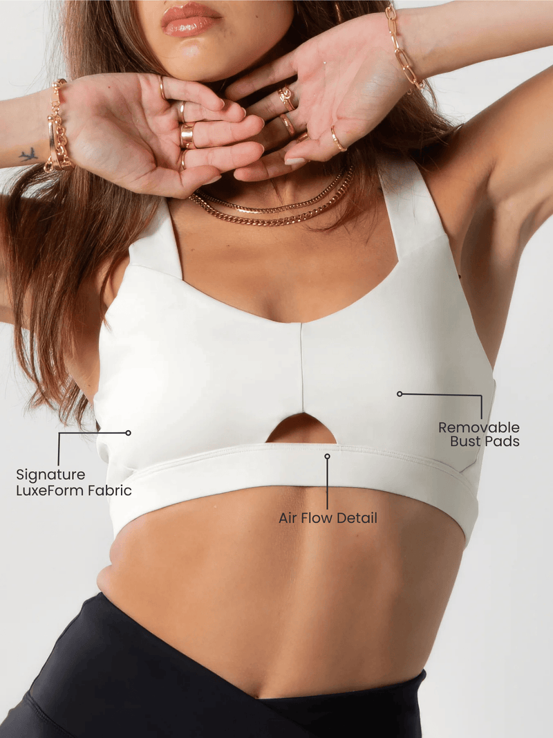 Load image into Gallery viewer, Runner's Athletics - Women's Heart Neckline Sports Bra - Beige | LuxeForm Medium Support
