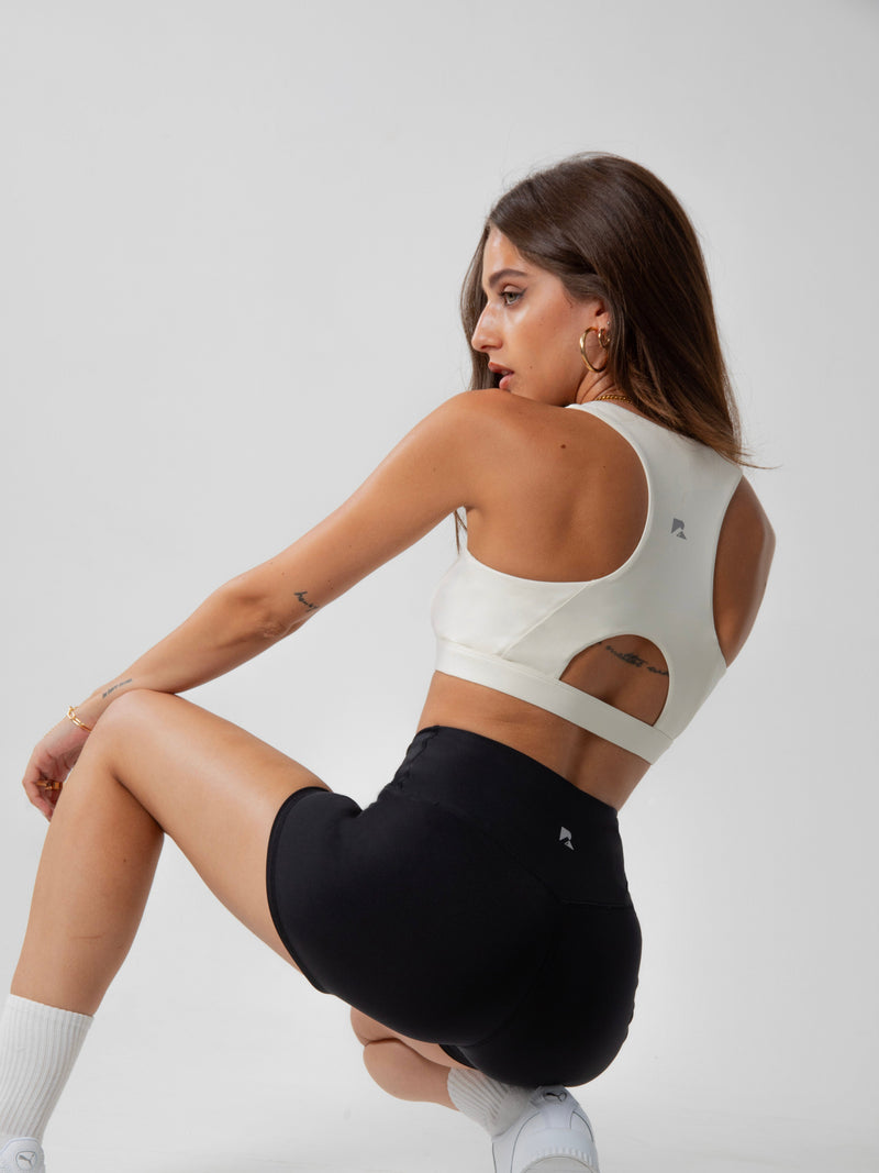 Load image into Gallery viewer, Runner's Athletics - Women's Heart Neckline Sports Bra - Beige | LuxeForm Medium Support
