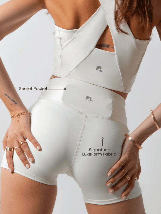 Runner's Athletics - Women's Sculpting Workout Shorts 5 Inch - Beige | Criss-Cross Waistband with Pocket