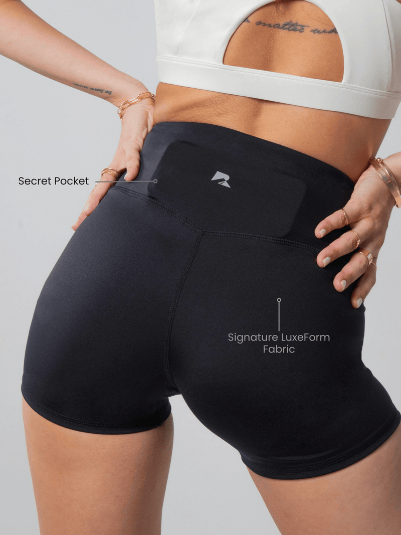 Load image into Gallery viewer, Runner's Athletics - Women's Sculpting Workout Shorts 5 Inch - Black | Criss-Cross Waistband with Pocket

