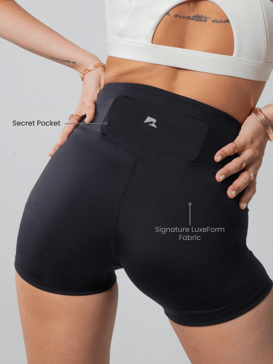 Runner's Athletics - Women's Sculpting Workout Shorts 5 Inch - Black | Criss-Cross Waistband with Pocket