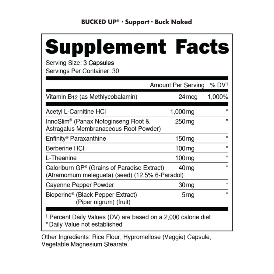 Bucked Up - Buck Naked nutrition facts label