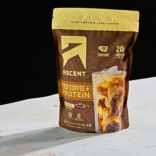 Ascent Iced Coffee + Protein 30 serving bag on black