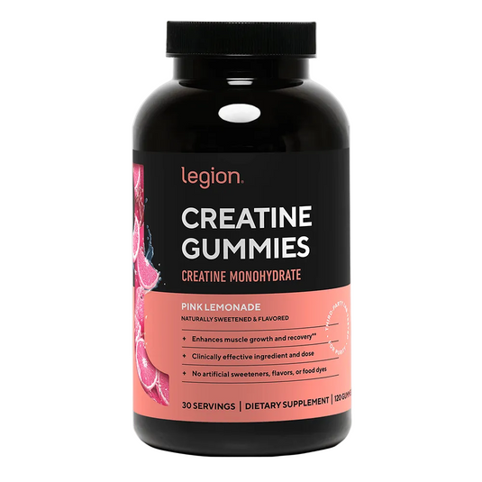 A black bottle of Legion Creatine Gummies with a pink and black label, shown on a plain white background.