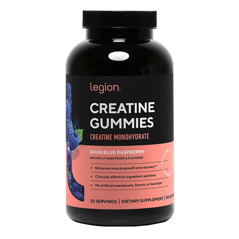 Load image into Gallery viewer, A black bottle of Legion Creatine Gummies, Sour Blue Raspberry flavor, on a solid white background.
