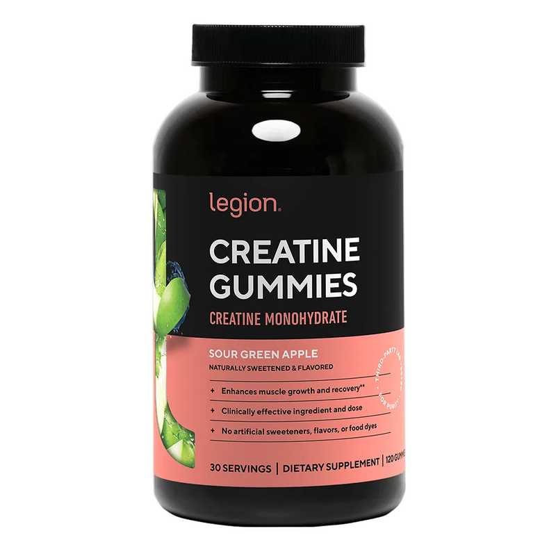 Load image into Gallery viewer, A bottle of Legion Creatine Gummies, Sour Green Apple flavor, on a light gray background. The bottle is black with a black cap, featuring a label with a black top half, white text, and a peach-pink bottom half with a green apple graphic.
