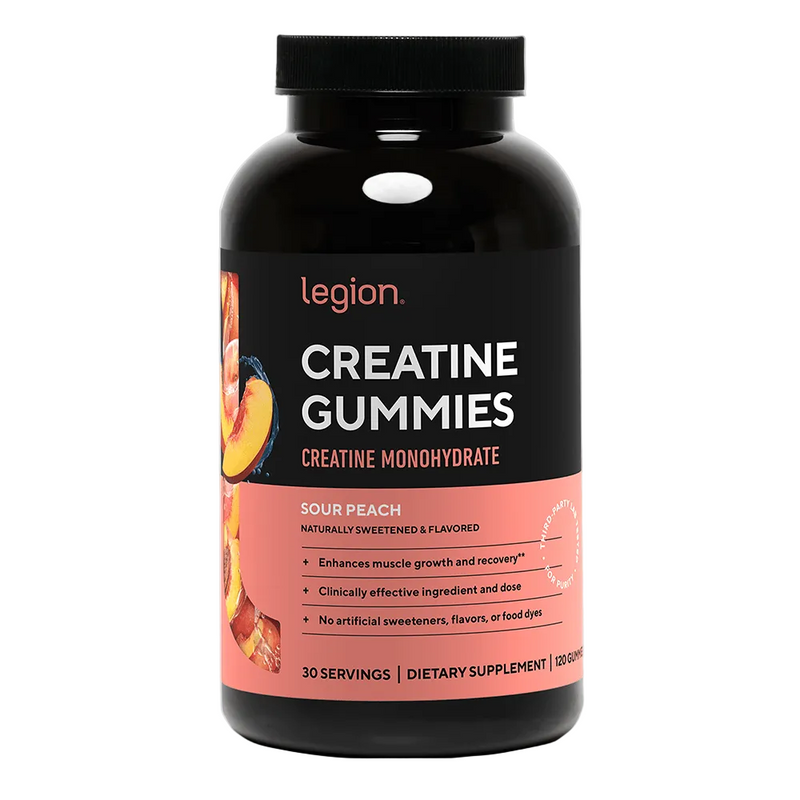 Load image into Gallery viewer, Black bottle of Legion Creatine Gummies with a pink label on a white background
