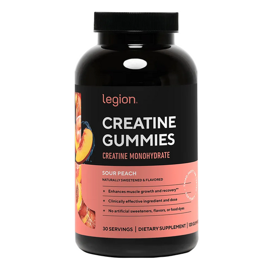 Black bottle of Legion Creatine Gummies with a pink label on a white background
