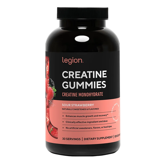 Legion Creatine Gummies bottle with black and pink label on a white background