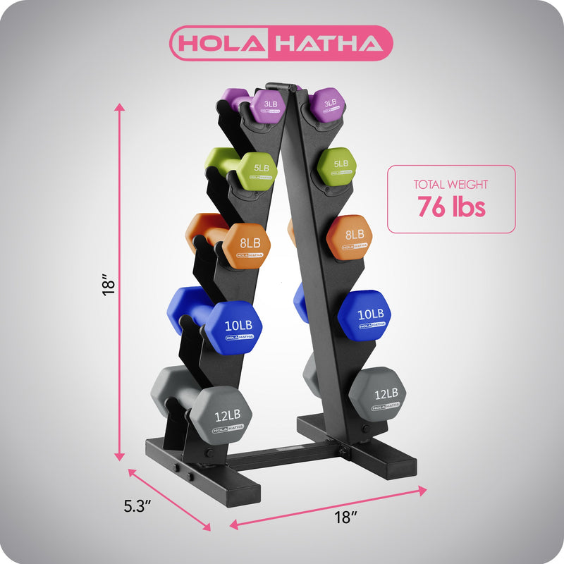 Load image into Gallery viewer, HolaHatha Dumbbell Hand Weights Set &amp; Rack for Home Workout, 76 Lbs, Multicolor
