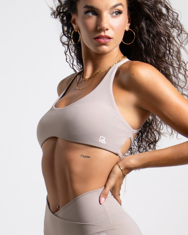Load image into Gallery viewer, Runner's Athletics - Hot Girl Strappy Open-Back Sports Bra in LuxeForm (Taupe)
