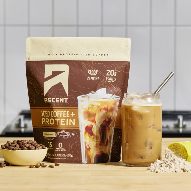 Load image into Gallery viewer, Ascent Iced Coffee + Protein with glass of iced coffee
