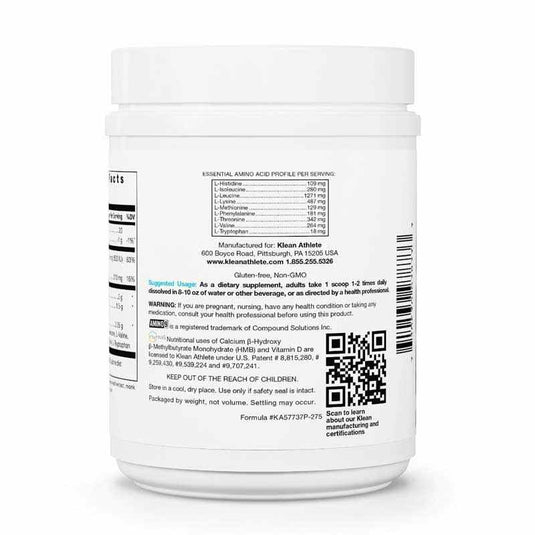 Klean Essential Aminos +HMB supplement facts panel