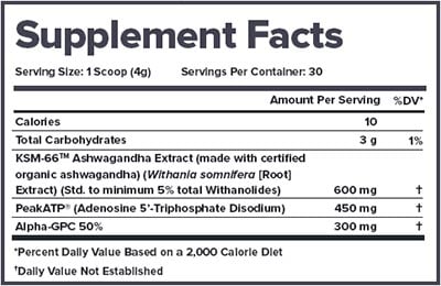 Load image into Gallery viewer, Legion Performance Surge (Strength Booster) - Supplement Facts label showing KSM-66 Ashwagandha, PeakATP, and AlphaSize Alpha-GPC doses

