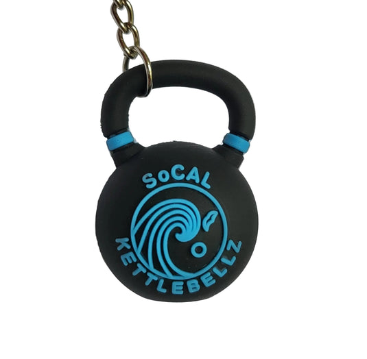 Black and blue kettlebell-shaped keychain on a white background