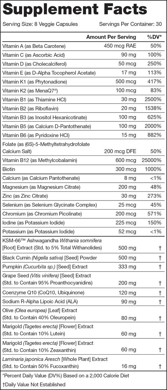 Legion Triumph Multivitamin for Men - Supplement Facts label with full ingredient list and clinical doses